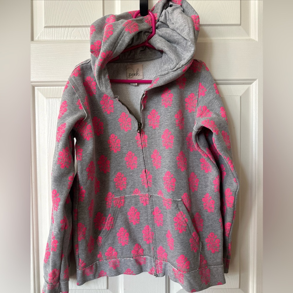 Peek Gray with Pink Flower type design Girl's Kids zipper Jacket Size 12 (XXL)
